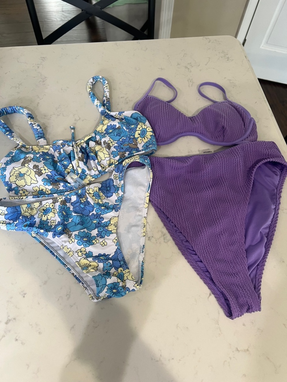 Set of Two Swim Bottoms and Top - Blue Floral & Purple xs